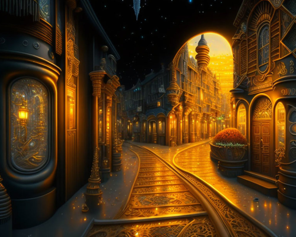 Enchanting night scene with golden-lit buildings, starry sky, and railway track.