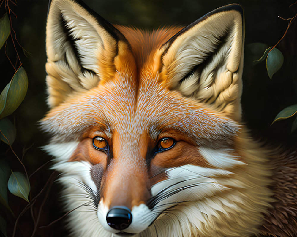 Vivid red fox with amber eyes in dark foliage