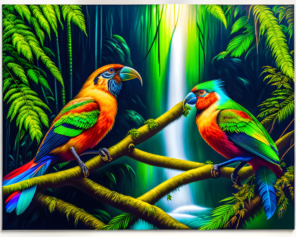 Colorful Birds Perched in Jungle with Sunlight Filters