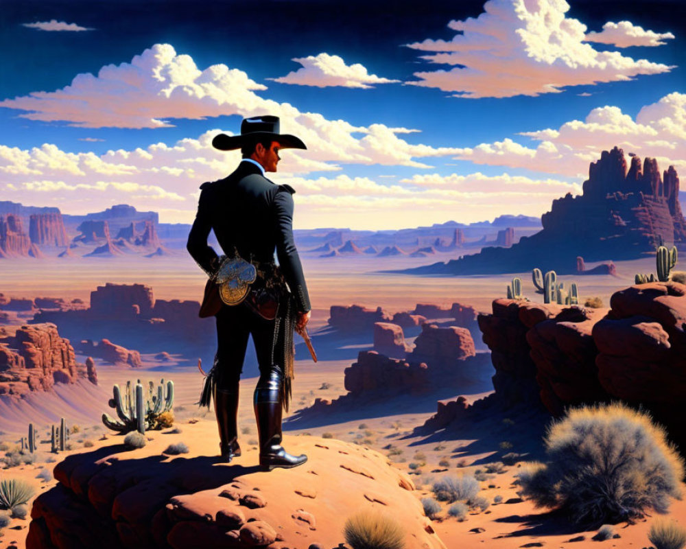 Cowboy on rocky outcrop overlooking desert with rock formations and cacti.