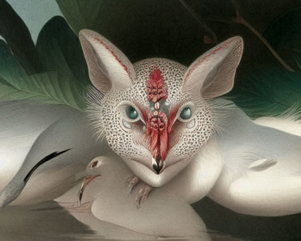 Fantastical creature with fennec fox head and ornate red mask feature