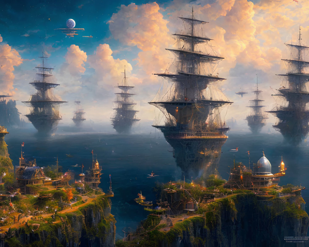 Majestic floating islands with lush greenery and sailing ships in vibrant sky