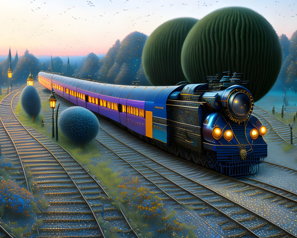 Surreal blue train artwork in whimsical landscape at dusk