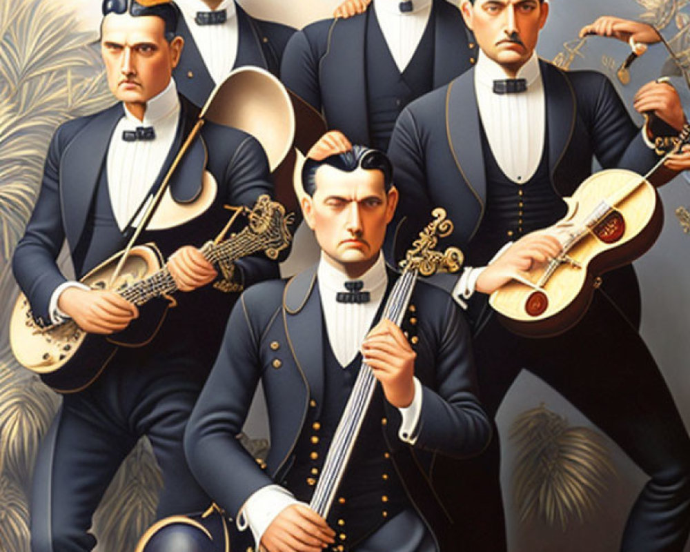 Five Men in Black Suits with Stringed Instruments Against Floral Backdrop