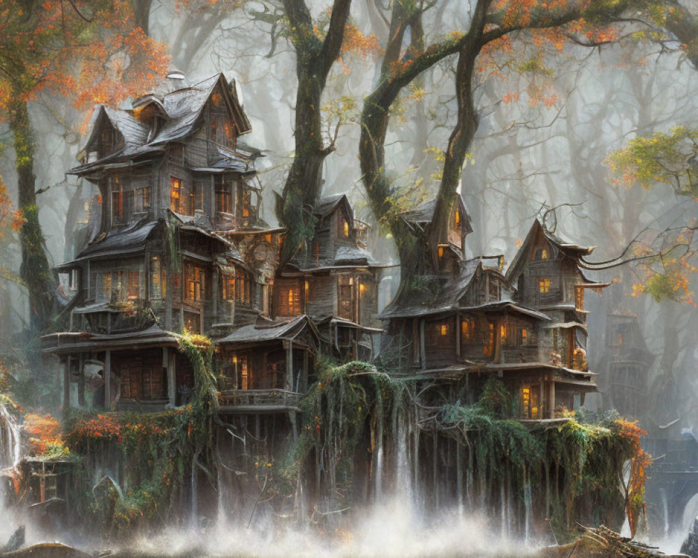 Mystical multi-tiered wooden house in foggy autumn forest with cascading waterfalls and iv