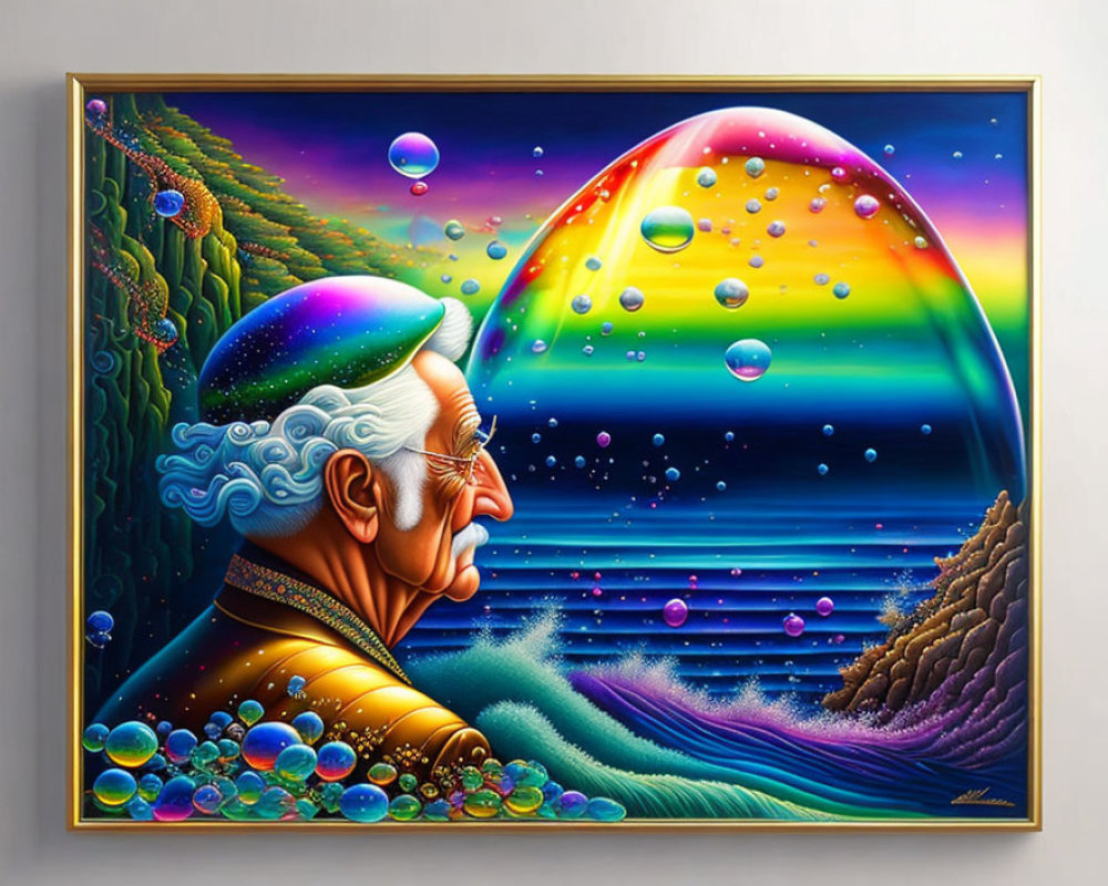 Colorful surrealist painting of elderly profile with vibrant scenery.