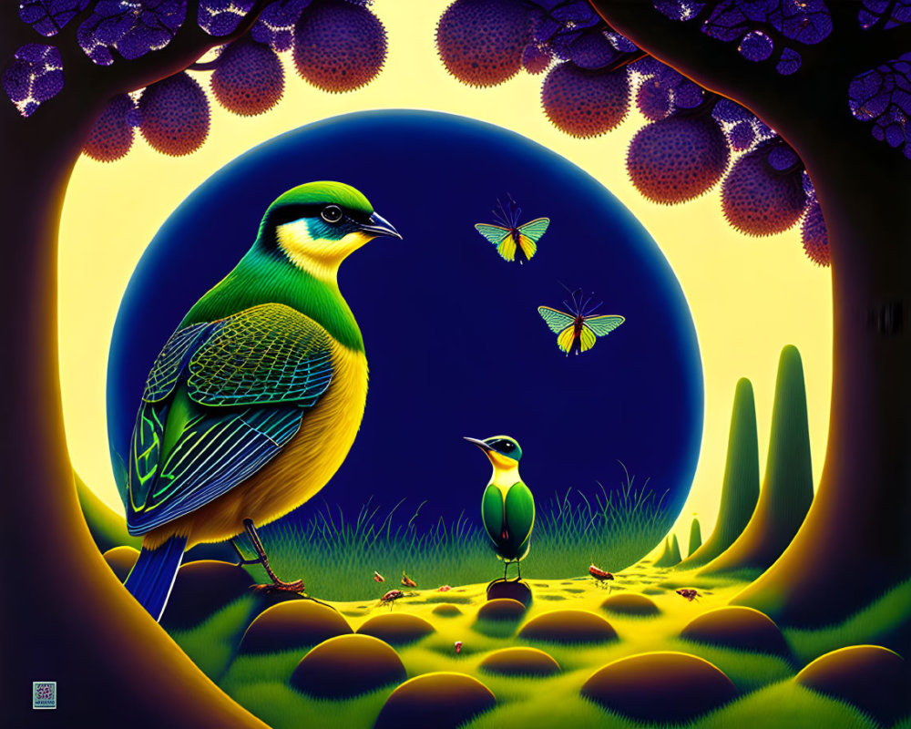 Stylized birds in enchanted forest under large moon