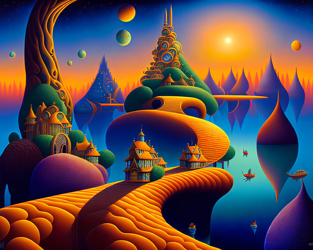 Colorful Surrealist Landscape with Whimsical Structures and Floating Planets