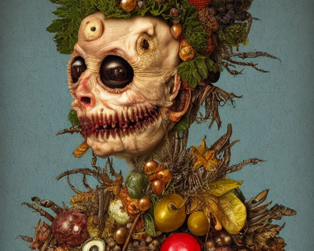 Skeletal figure with fruit, leaves, and eyes in surreal art piece