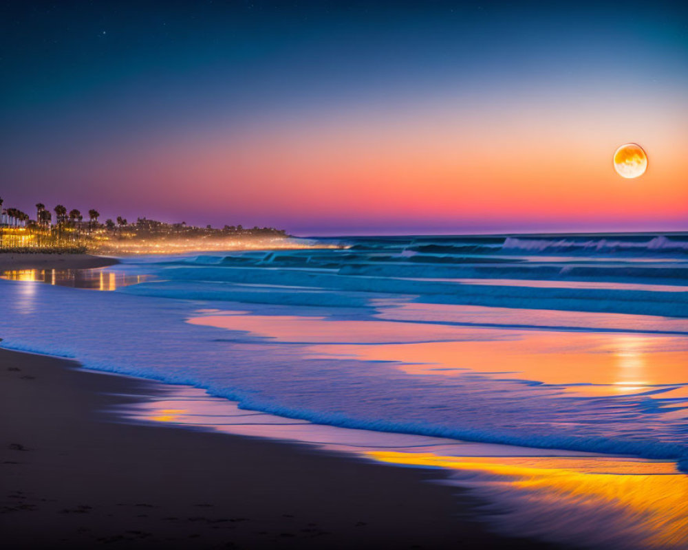 Colorful Twilight Beach Scene with Full Moon Reflection