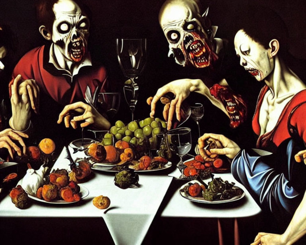 Artistic representation of three skull-faced figures at a fruit-filled table.