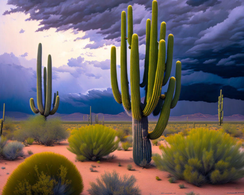 Desert landscape with saguaro cacti, green shrubs, and stormy sky