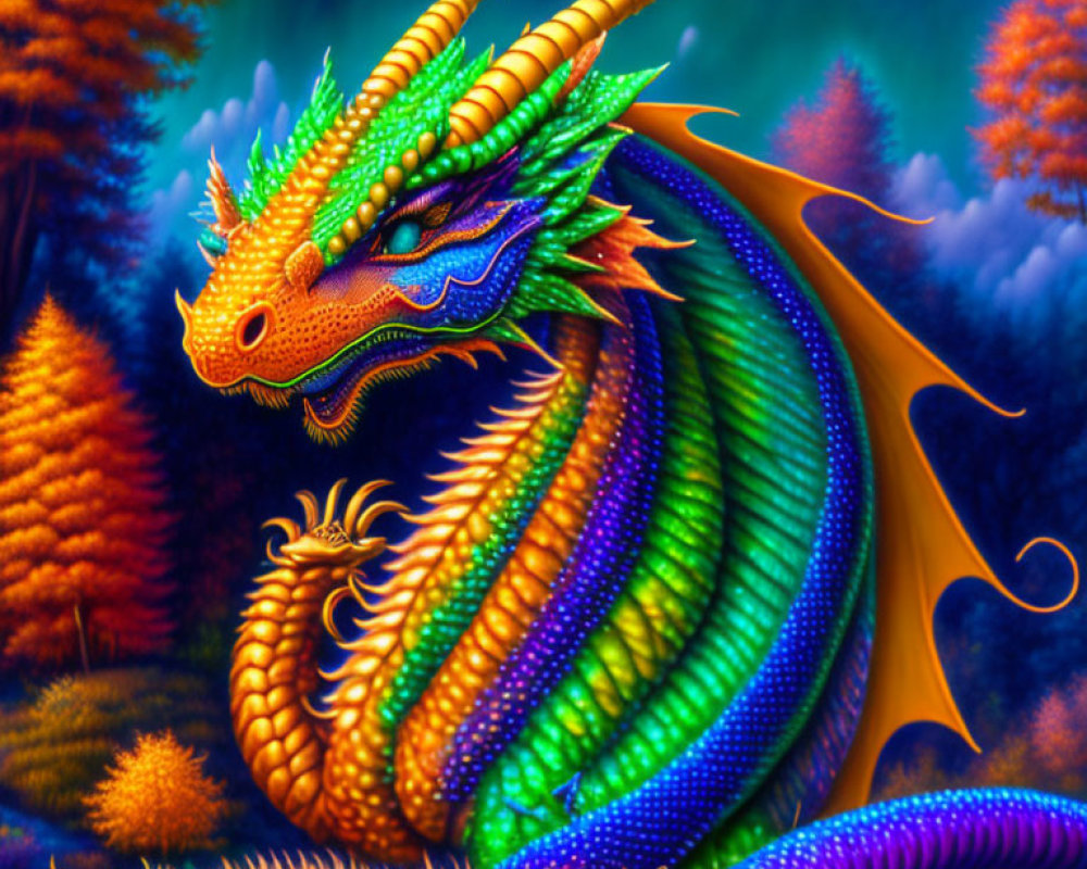 Multicolored Dragon Painting in Green, Blue, and Gold Amidst Fantasy Forest