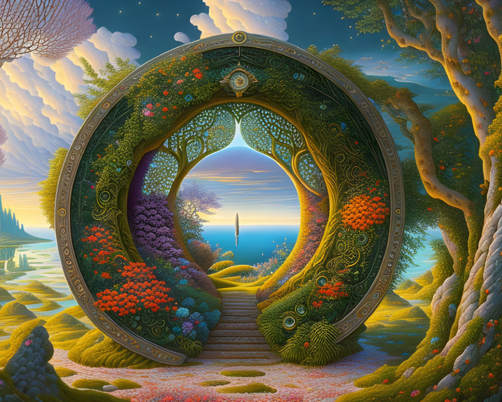 Ornate circular gateway reveals fantastical landscape with figure, vibrant flora, and twilight sky