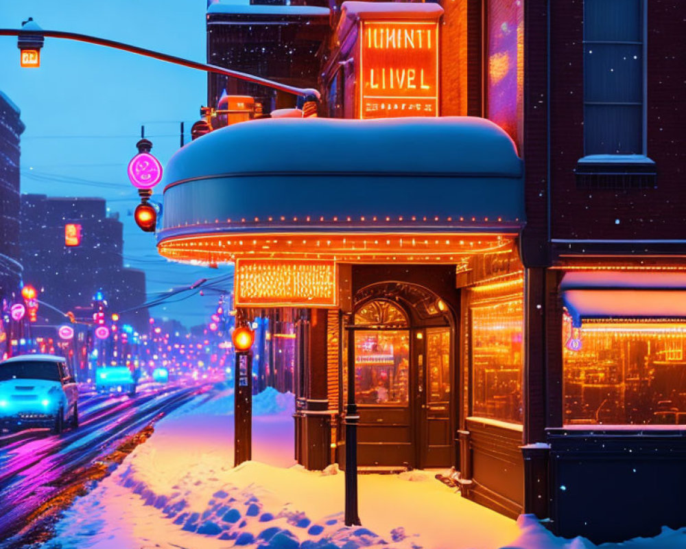 Snowy city street at dusk with illuminated signs and warm lights on buildings.