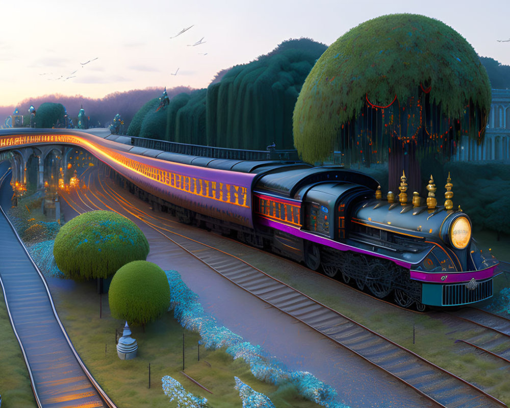 Colorful Train Approaching Station at Dusk with Birds in Tranquil Setting