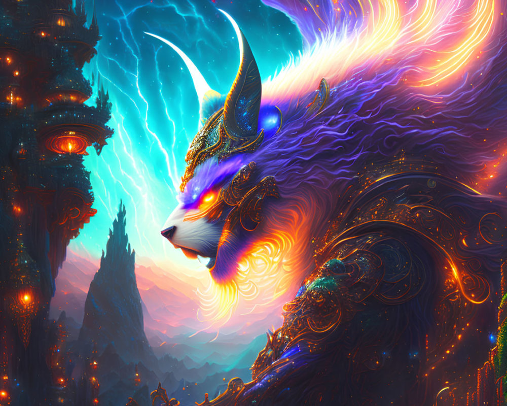 Colorful mythical creature with horns and flowing mane in fantastical landscape