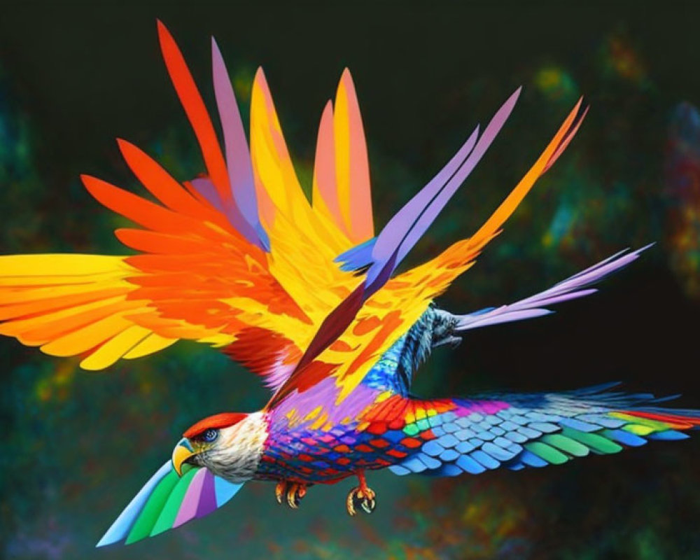 Colorful Flying Eagle with Rainbow Plumage on Dark Bokeh Background