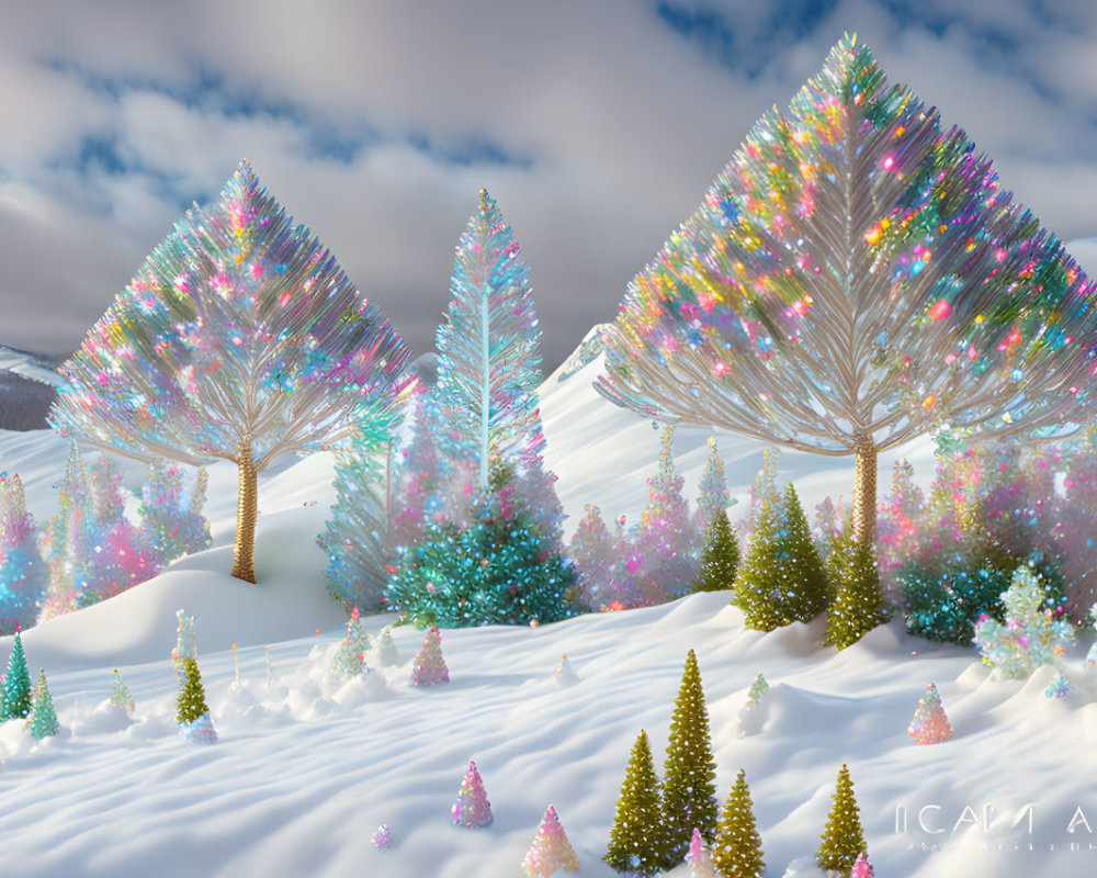 Iridescent winter landscape with sparkling trees