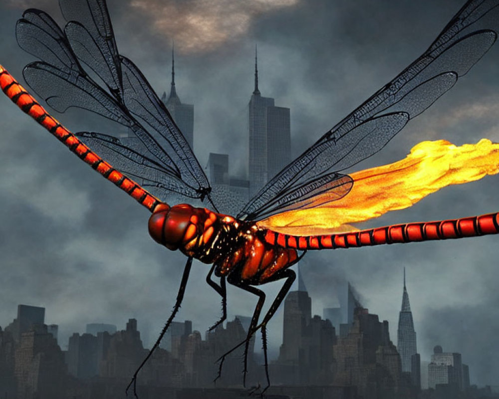 Enormous dragonfly with fiery breath over cityscape and skyscrapers