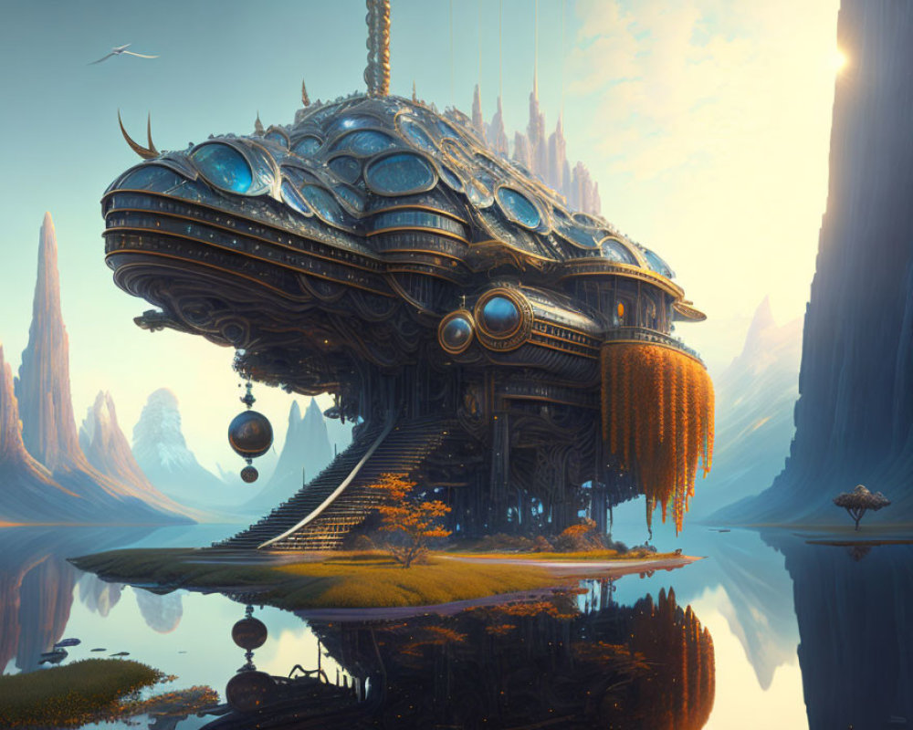 Ornate architecture in futuristic floating city above reflective water