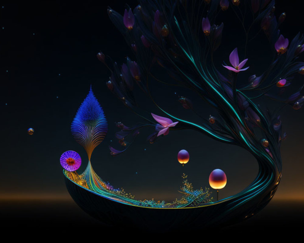 Colorful surreal botanical night scene with glowing boat structure