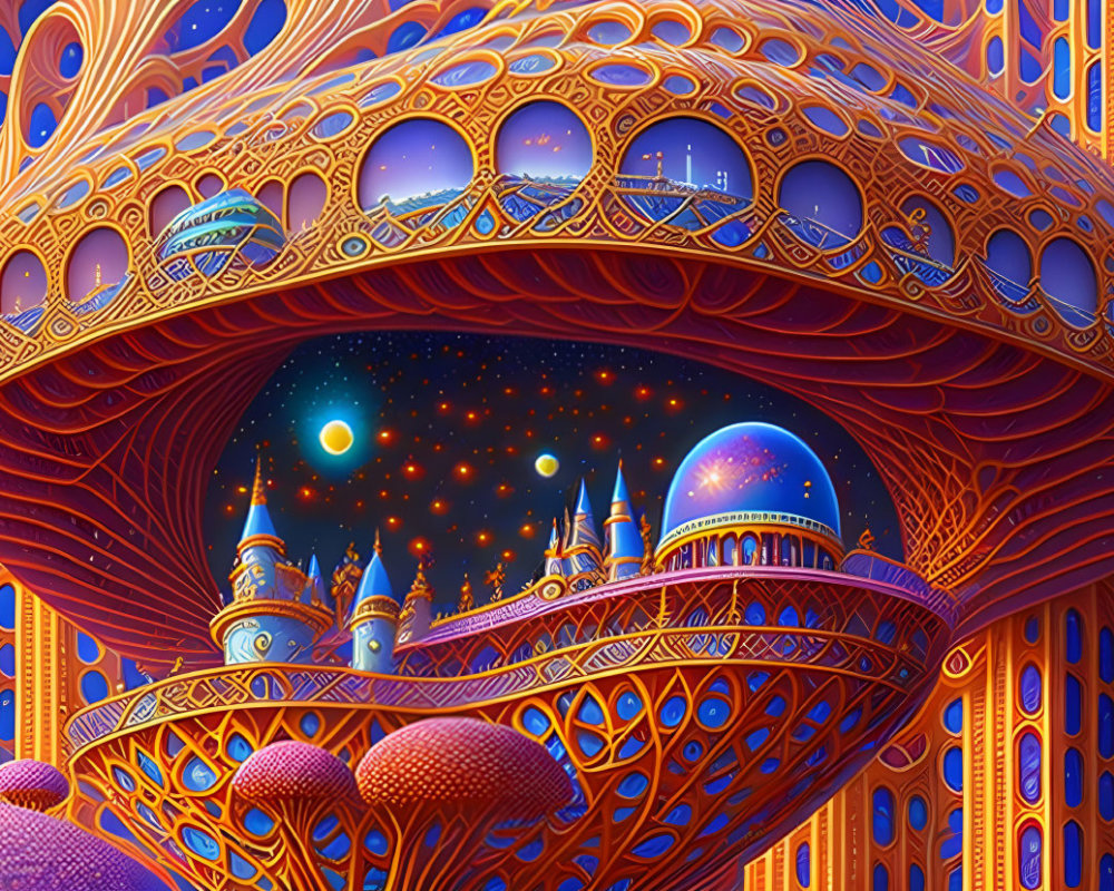 Fantastical landscape with ornate orange structures under a starry night sky