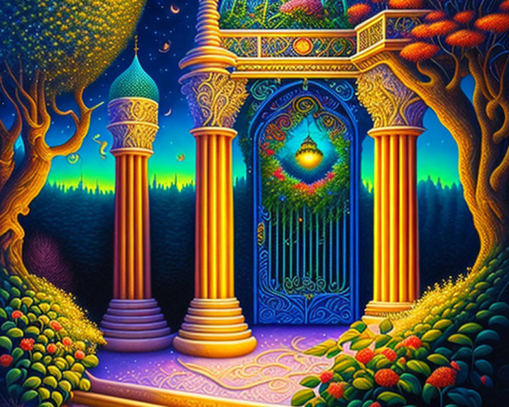 Fantastical painting of ornate gate and starry sky scene