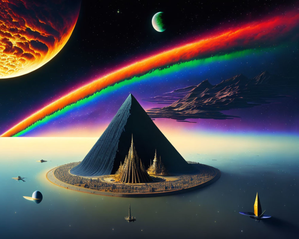 Surreal landscape with pyramids, starry sky, auroras, planets, and boats