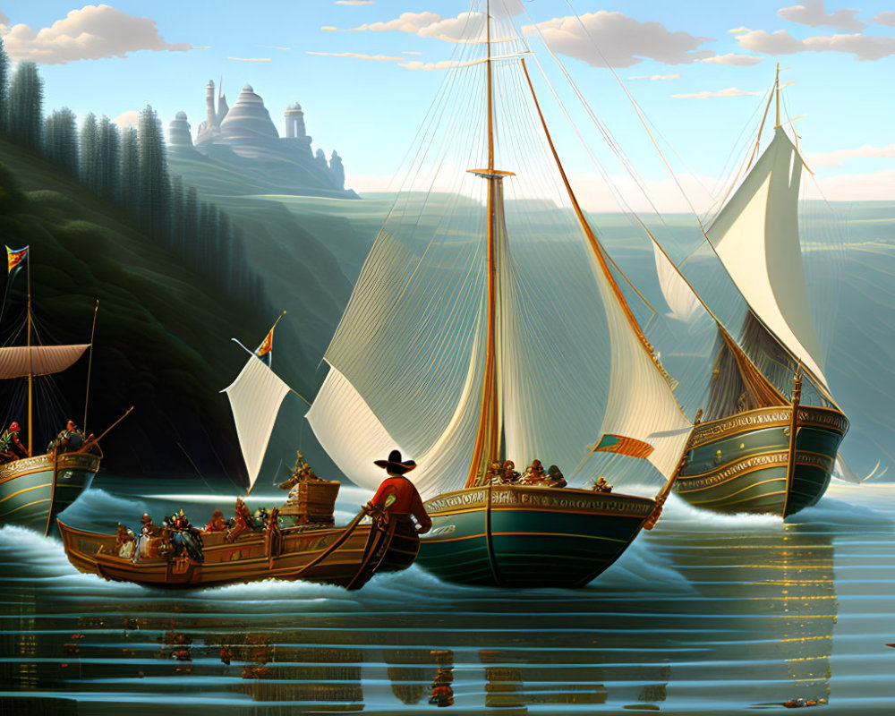 Stylized sailing ships on calm waters under serene sky