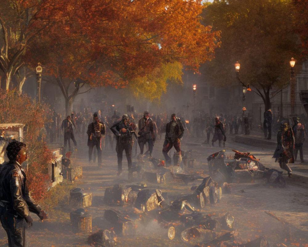 Dystopian street scene with people in tactical gear amid fallen leaves and debris