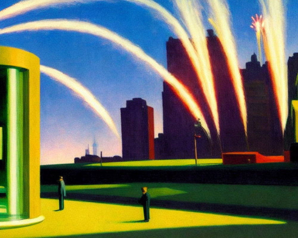 Cityscape painting with vibrant contrails, silhouetted figures, and bold shadows.