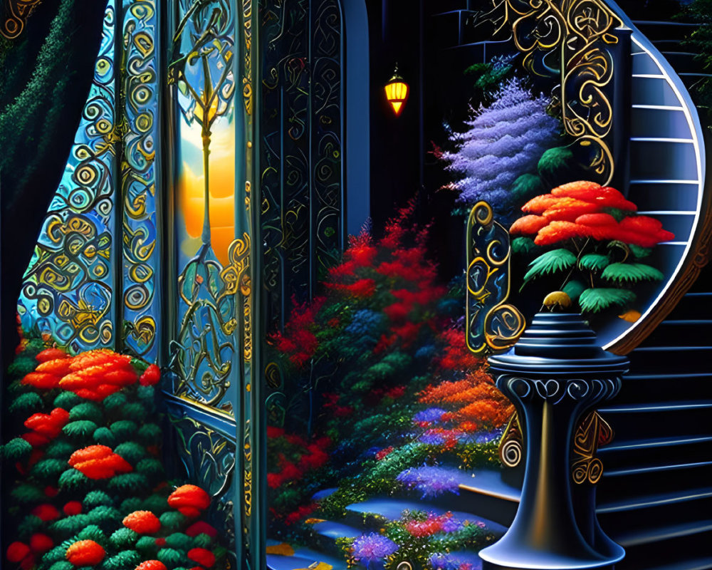 Ornate illuminated doorway in night-time garden with vibrant flowers