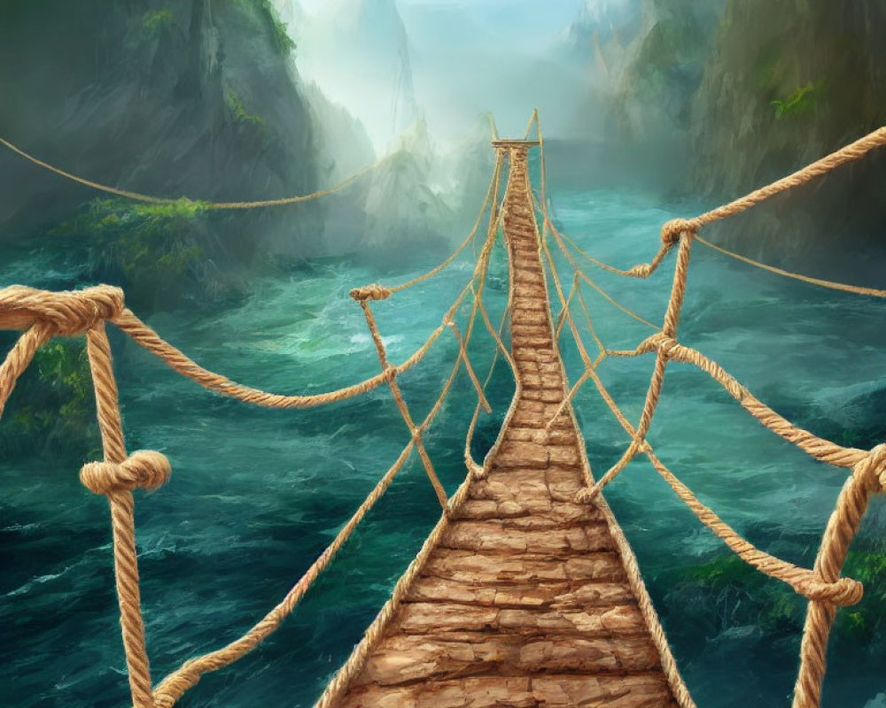 Wooden Plank Rope Bridge Over Misty Chasm