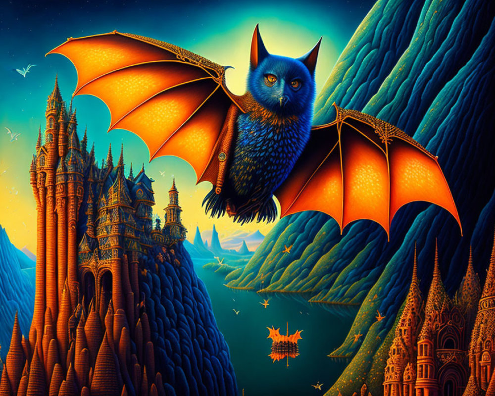 Blue owl with orange wings flying over mystical landscape and ornate towers under starry sky