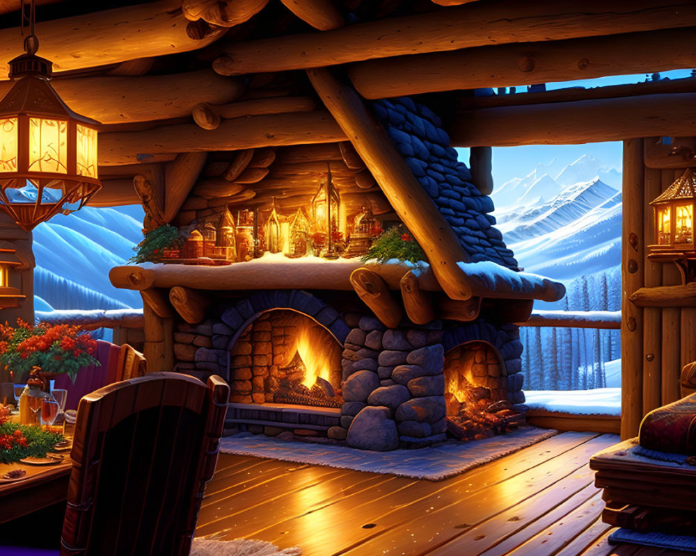 Cozy Cabin Interior with Fireplace and Snowy Mountain View