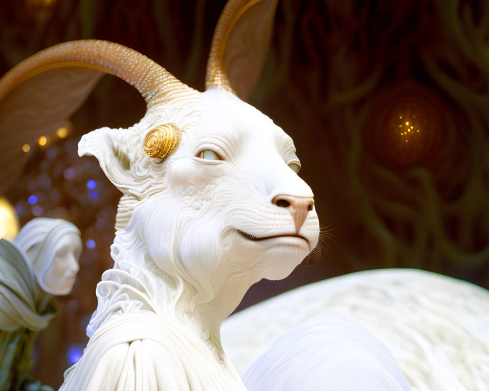 White Goat Sculpture with Prominent Horns and Ornate Background