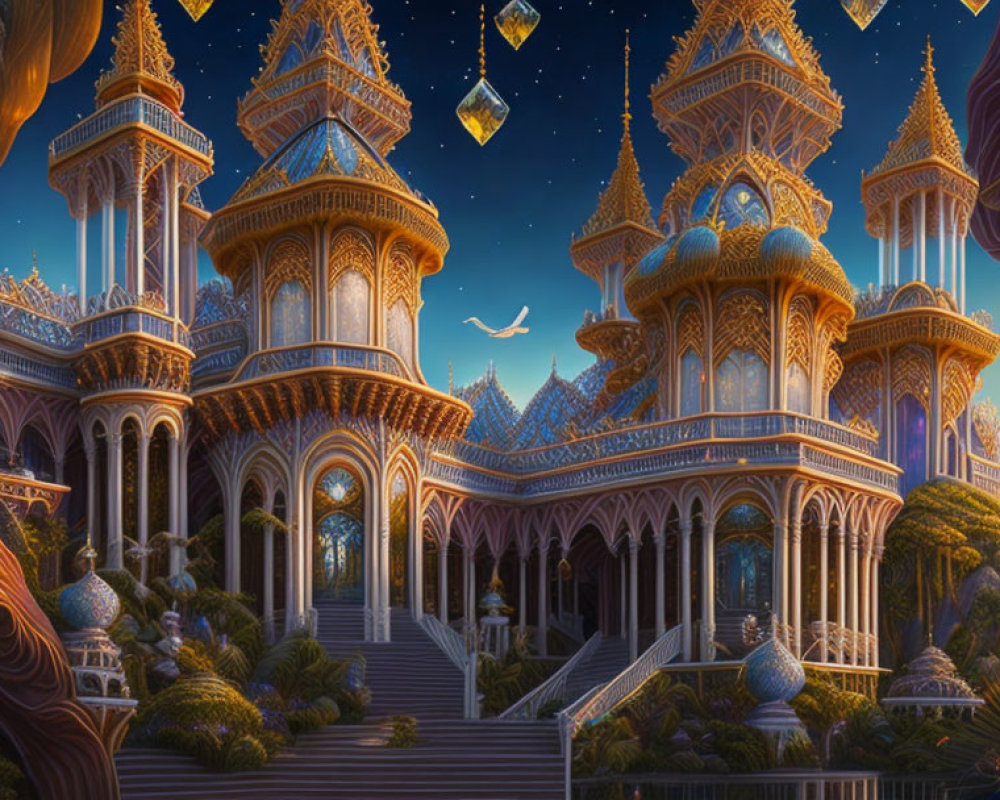 Fantasy palace at dusk with glowing lanterns, lush greenery, and flying bird