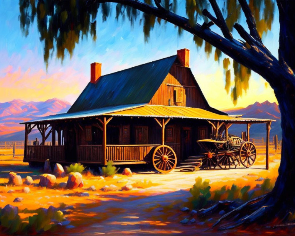 Rustic cabin painting with porch, tree, carriage, sunset sky, mountains