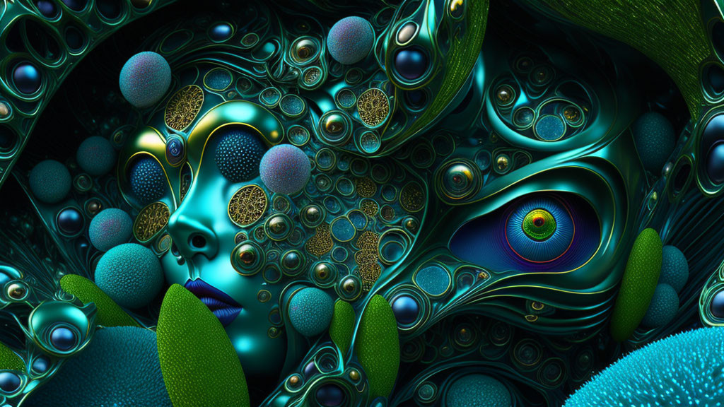 Colorful surreal fractal image with integrated face among abstract patterns and textures