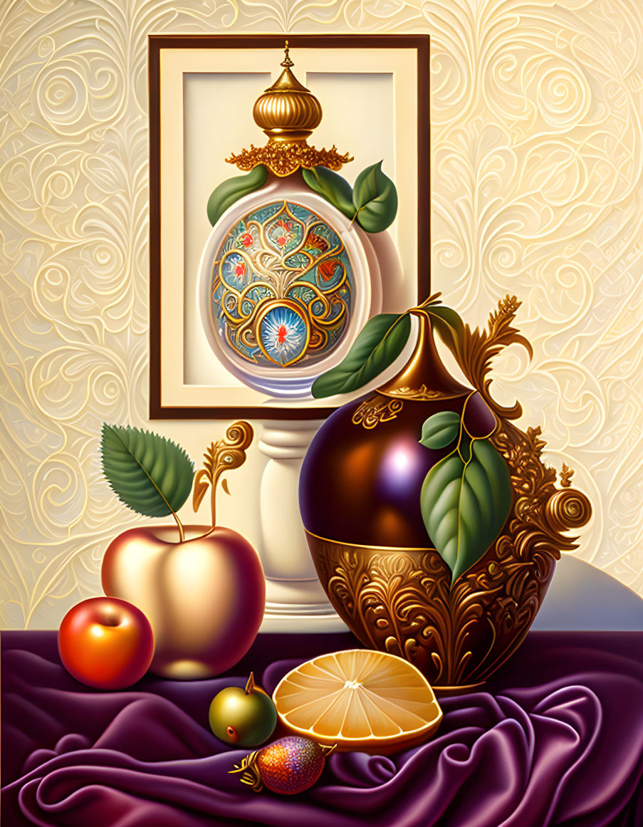 Ornate still life with golden vase, framed artwork, fruit, and patterned background