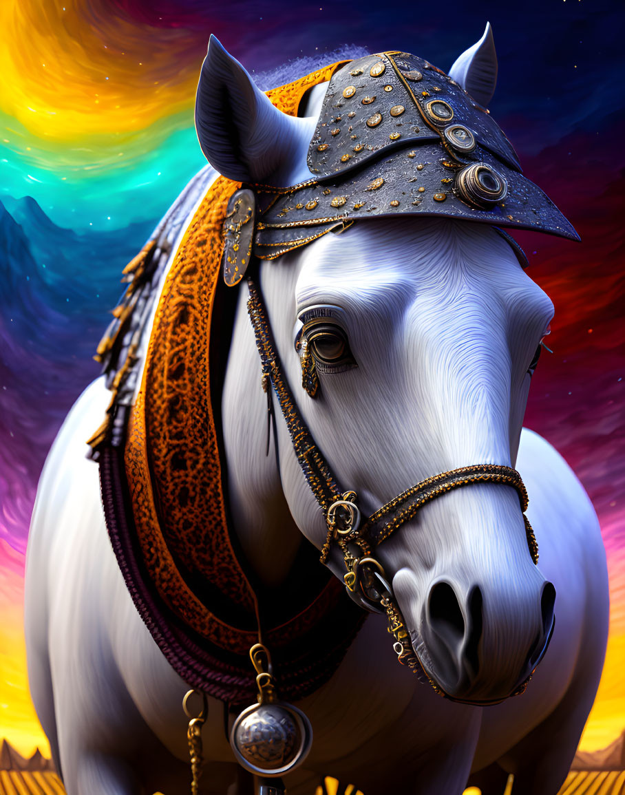 White horse with ornate bridle in cosmic backdrop