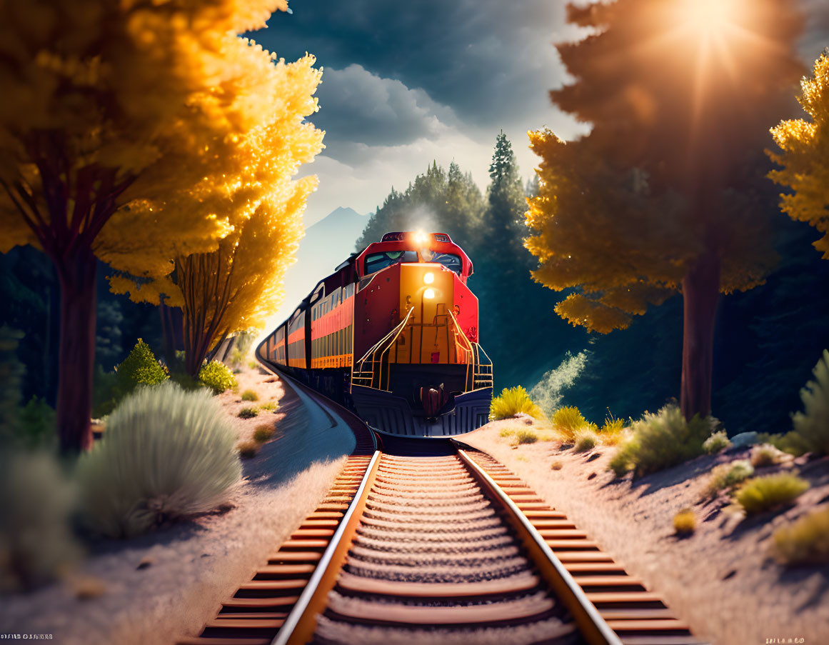 Train on Tracks Surrounded by Golden Trees and Sunlight