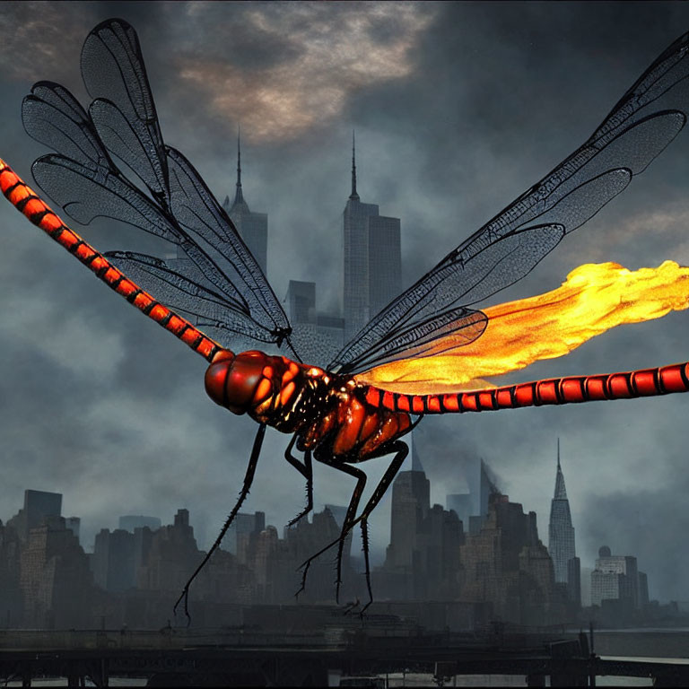 Enormous dragonfly with fiery breath over cityscape and skyscrapers