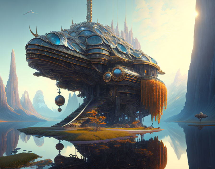 Ornate architecture in futuristic floating city above reflective water