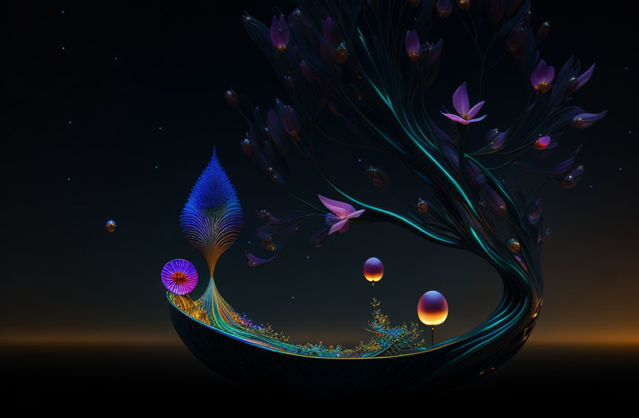 Colorful surreal botanical night scene with glowing boat structure