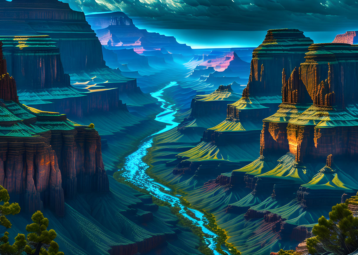 Surreal landscape with towering rock formations and winding river at dusk