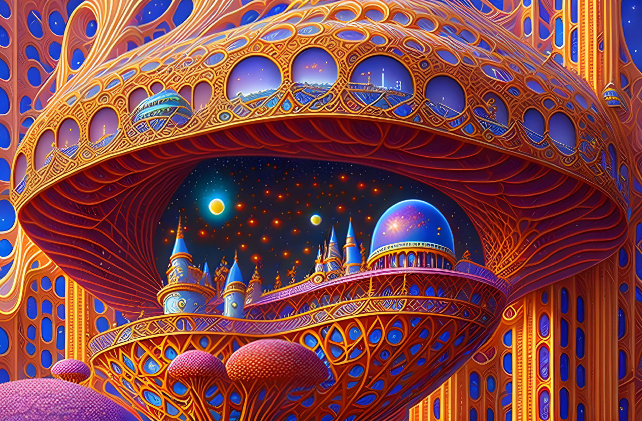 Fantastical landscape with ornate orange structures under a starry night sky