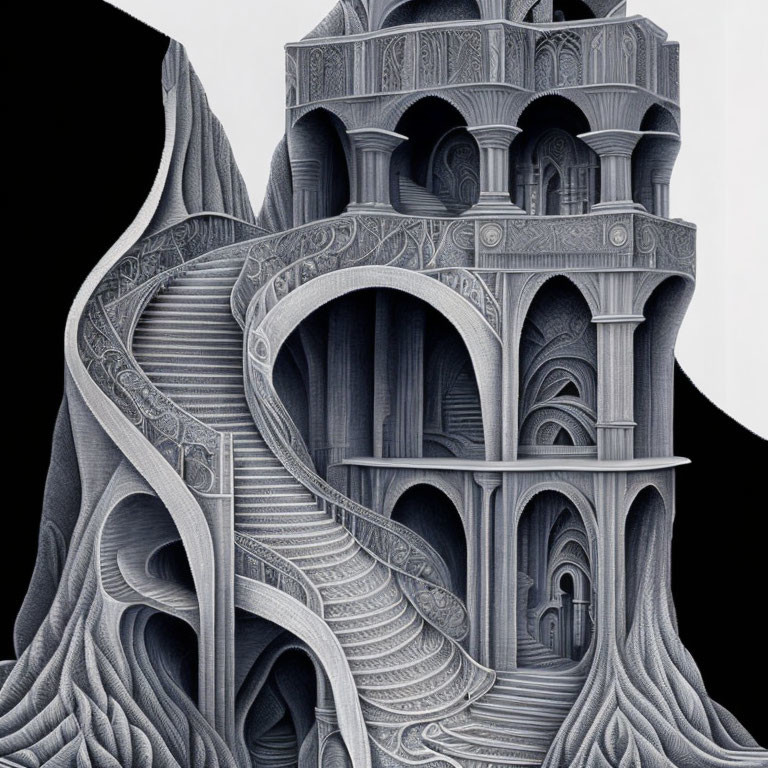 Detailed Black and White Escheresque Architectural Illustration