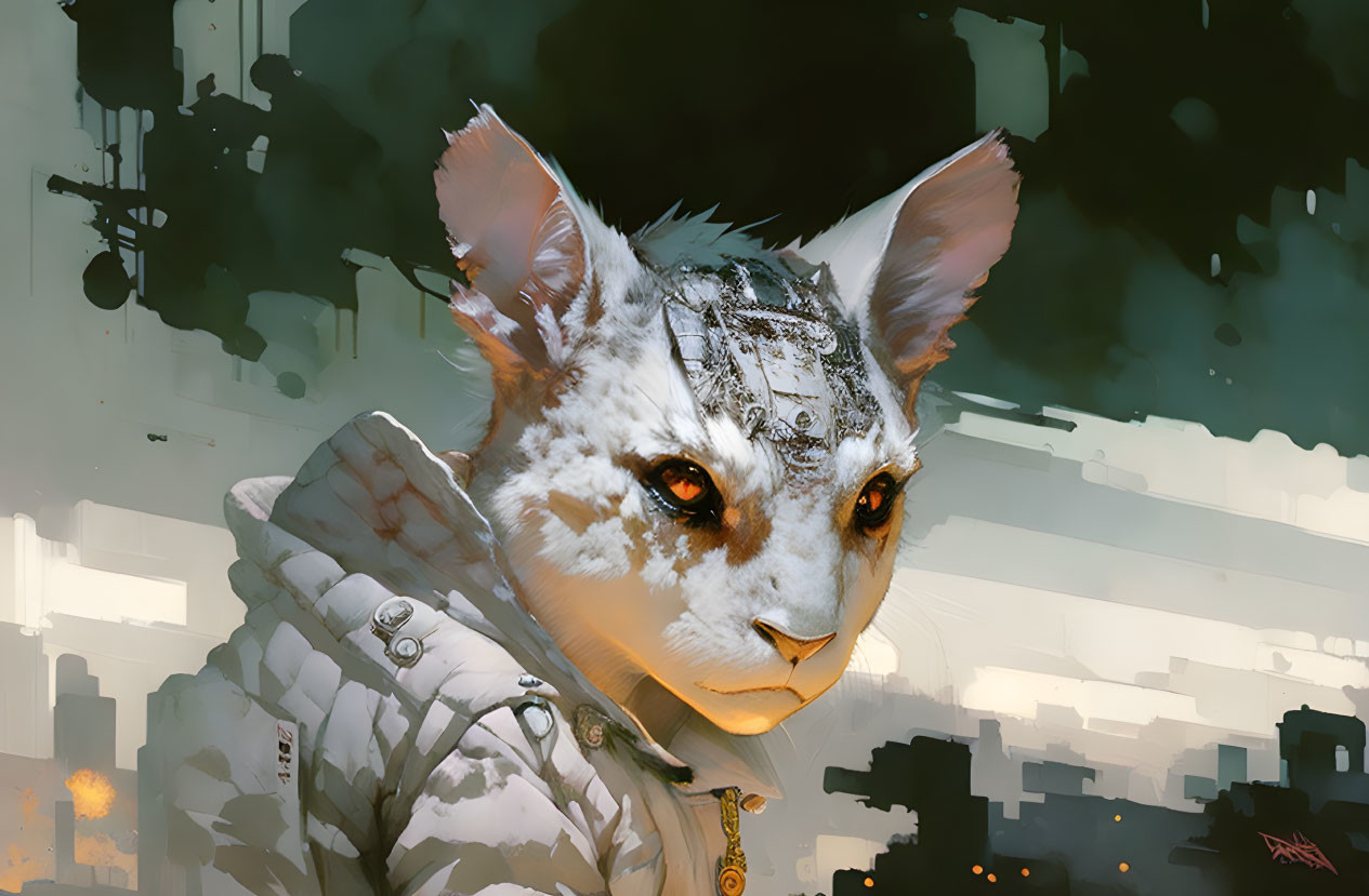 Cybernetic cat with humanoid features in white jacket against urban backdrop